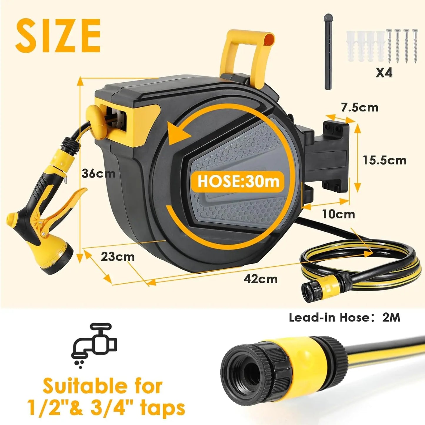 Retractable Garden Hose Reel 20/30M+2M UV Resistant Heavy Duty Automatic Hose Reel Wall Mount 1/2,3/4in Fitting 9 Pattern Nozzle