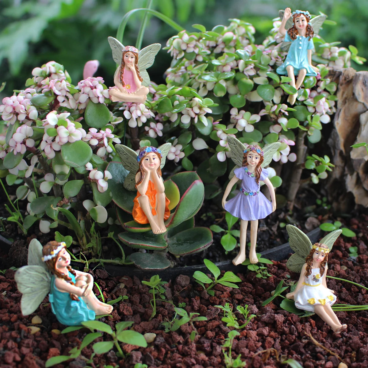 Resin Flower Fairy Set with Six Gardens, Courtyard, Balcony, Flower Pot, Lawn Decoration Suitable for Indoor and Outdoor Use