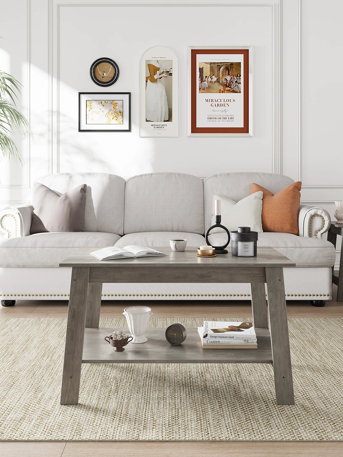 Rustic Farmhouse Wood Coffee Table with Storage Shelf, Rectangular Small Center Side Table for Living Room, Easy Assembly