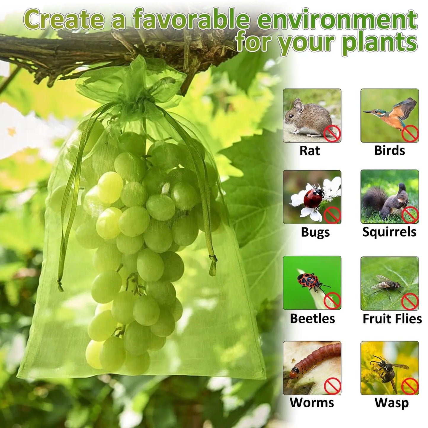 50pcs Fruit Protection Bags Mesh Netting Covers with Drawstring for Grapes Mango Veggies Reusable Pest Barrier Garden Plant Bags