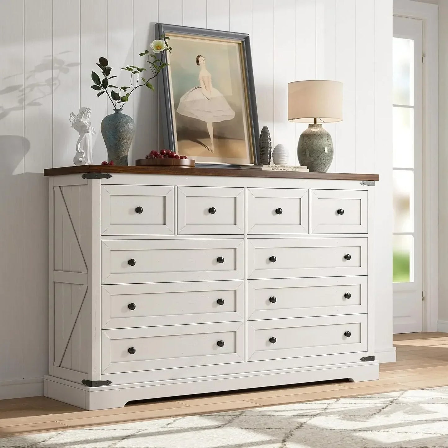 White 10-Drawer Dresser, 55'' Wide Bedroom Chest, Antique Storage Cabinet
