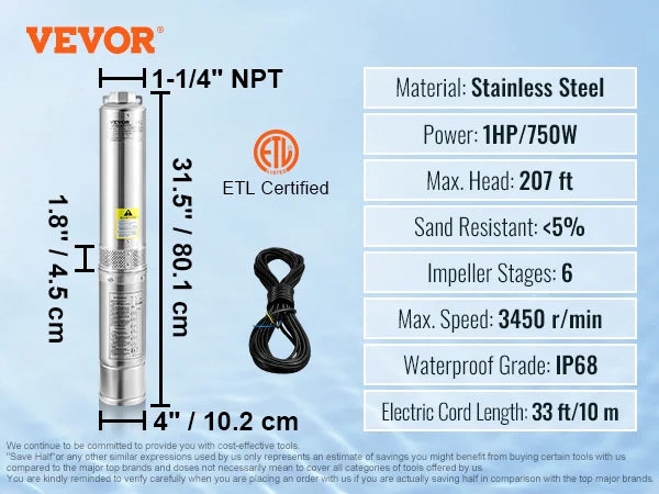 SucceBuy Deep Well Submersible Pump 0.5/1/1.5/2/3 HP 230V/60Hz Stainless Steel Water Pumps for Industrial, Irrigation & Home Use