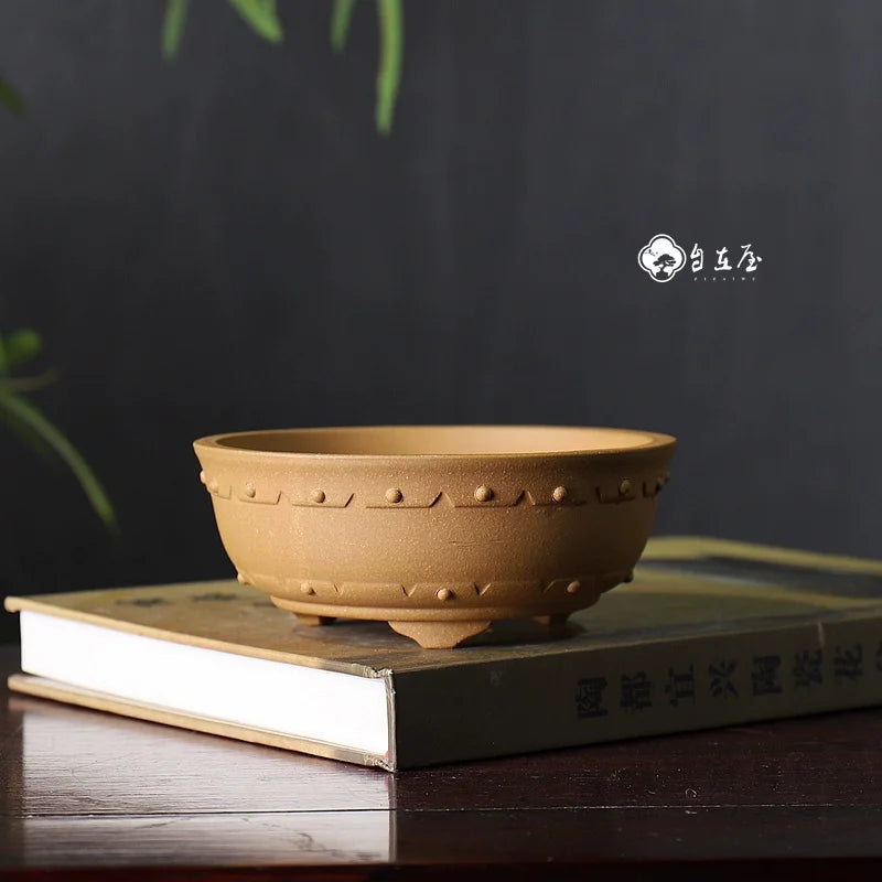 Ceramic Circle Drum-nail Pattern Bonsai Pot, Purple Sand,Traditional Chinese Dormitory Room Table, Garden Decoration, Home Table