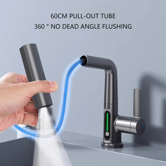 Gun Grey Intelligent Digital Display Waterfall Pull Out Kitchen Faucet Cold Hot Mixer Taps Rotatable Sink Lifting Basin Faucet
