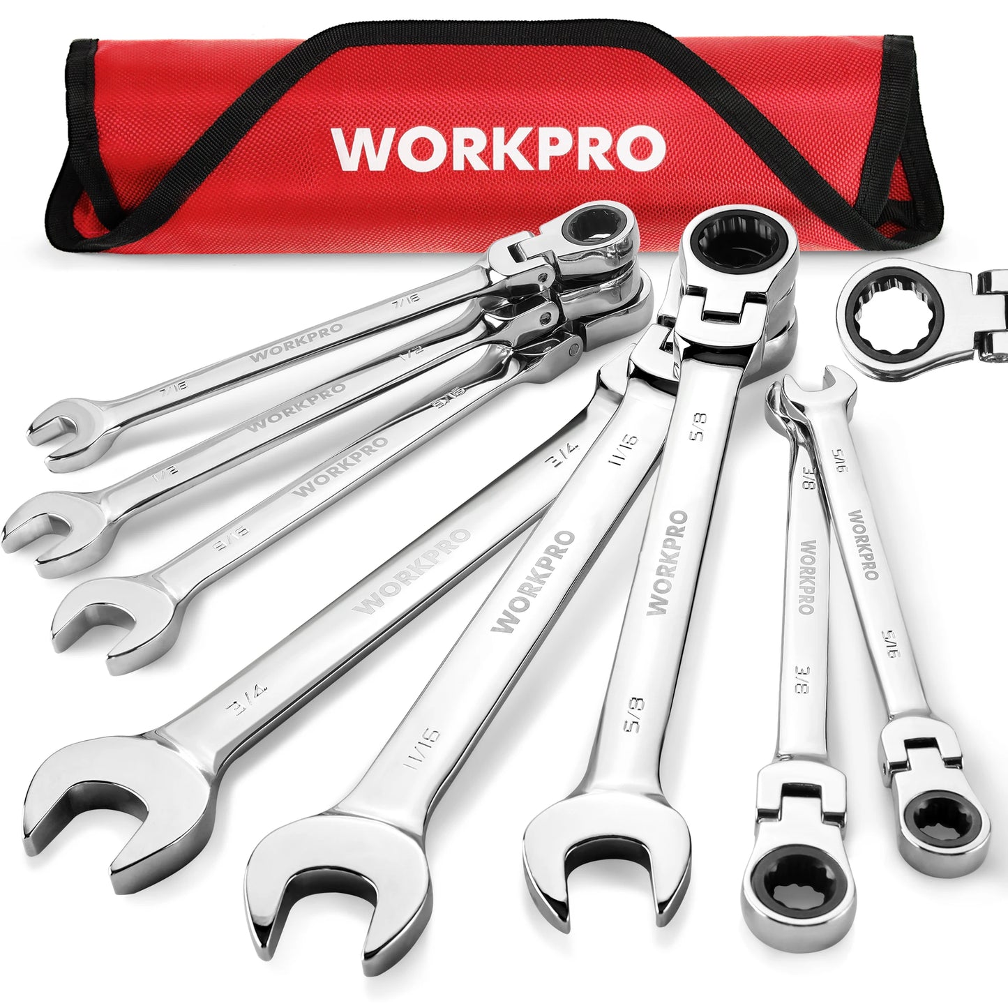 WORKPRO 8pcs Flex-Head Ratcheting Combination Wrench Set SAE 5/16-3/4