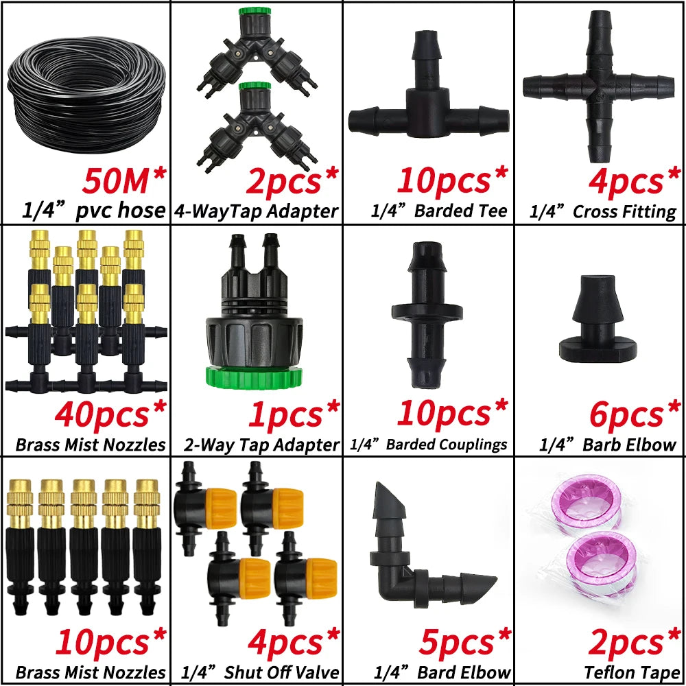 WUJIE 5M-30M Garden Irrigation Outdoor Misting Cooling System Watering 1/4'' Brass Atomizer Nozzles 4/7mm Hose Patio Greenhouse