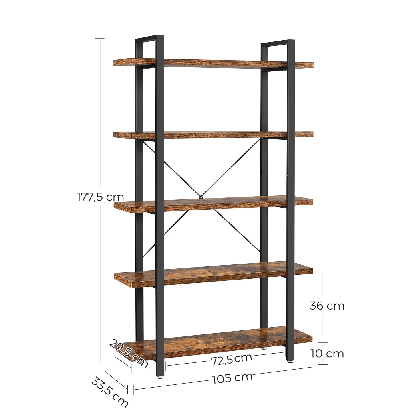 VASAGLE Bookshelf, 5-Tier Industrial Stable Bookcase, Storage Rack, Standing Shelf, Easy Assembly, Living Room, Bedroom, Office