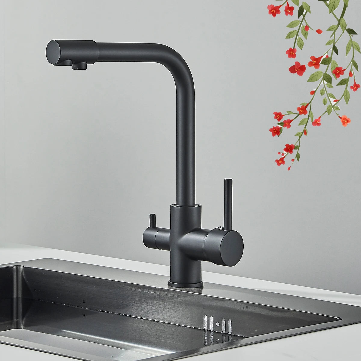 Pure Water Kitchen Faucet Chrome Stainless Steel Dual handle Hot Cold Water Mixer Tap Filtered Deck Mounted Torneira Crane Tap