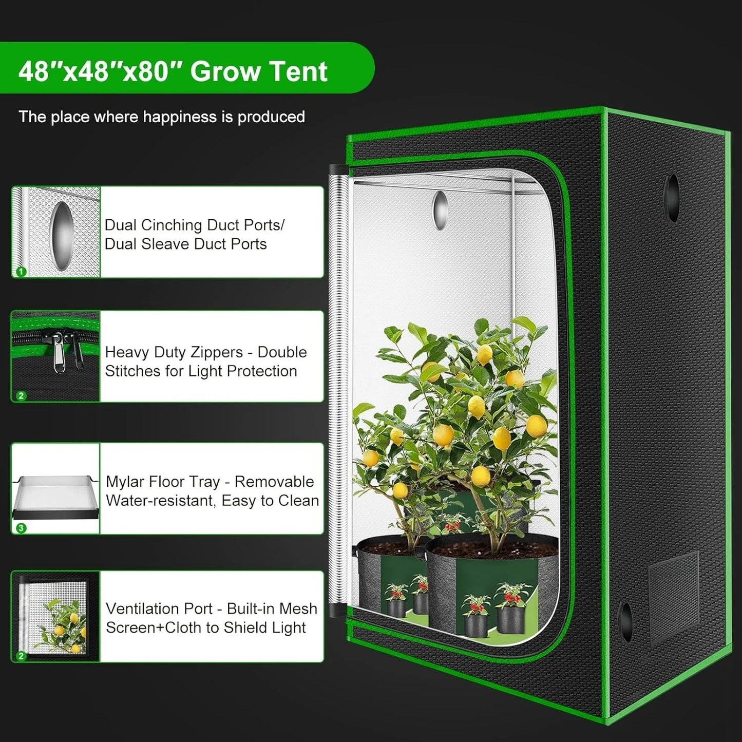 4x4 Grow Tent, 48"x48"x80'' High Reflective 600D Diamond Mylar Canvas with Observation Window and Floor Tray for Plant Growing