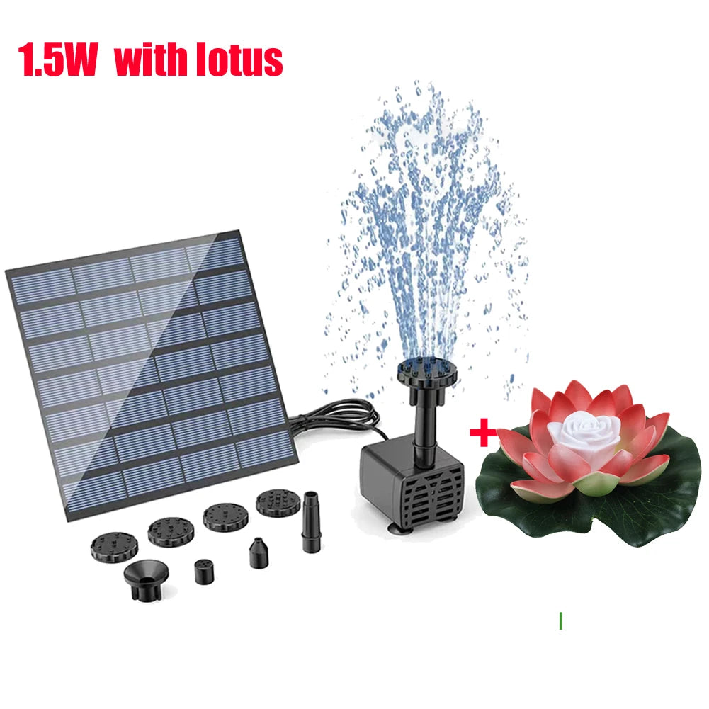 1.5W Solar Fountain Pump with 6 Nozzles Mini Fountain Pool Pond Waterfall for Outdoor Bird Bath Pond Garden Decor Floating Lotus
