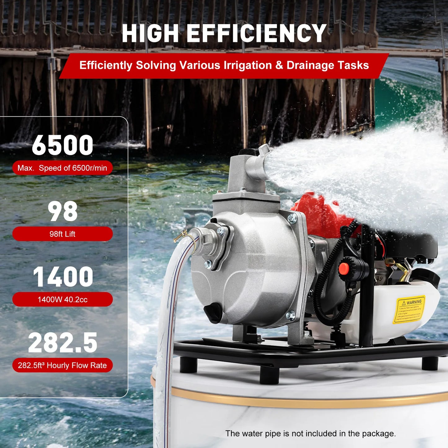 Gasoline Water Pump 2-Stroke Portable Gasoline Engine Trash Pump 20m Lift Powerful Engine Water Transfer Pump 26.25ft Suction
