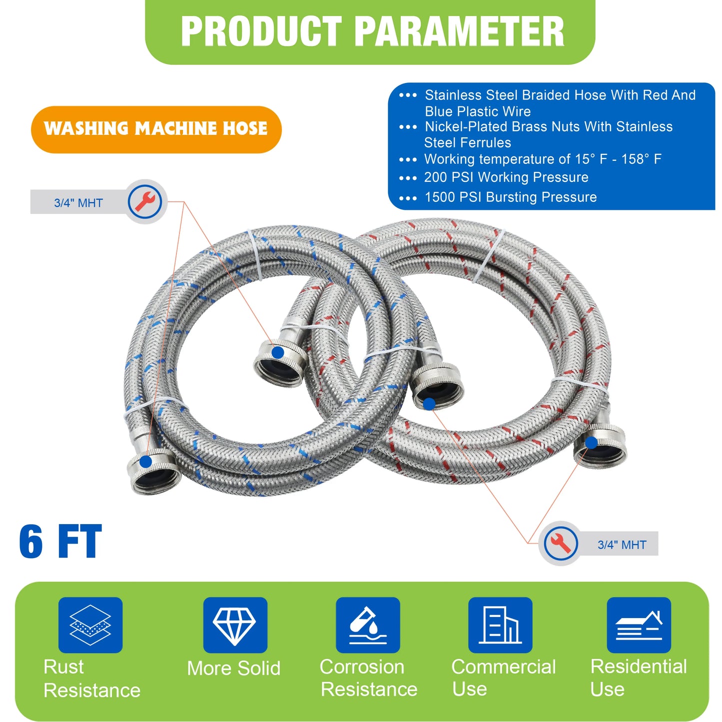 KING SMART 6 FT Washing Machine Hose; Premium Stainless Steel Braided Burst Proof for Hot and Cold Water Supply Lines; 81021