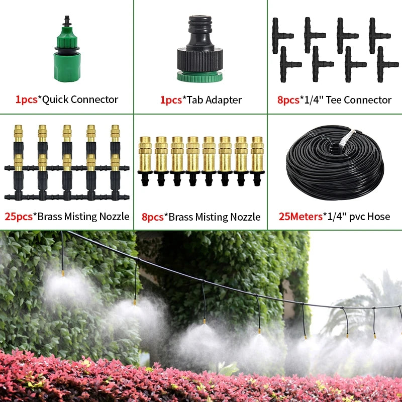 10-30M Outdoor Misting Cooling System 4/7PVC Garden Irrigation Watering Adjustable 1/4'' Brass Atomizer Nozzles Micro Sprinklers