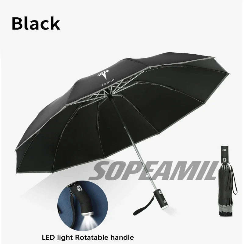Car Led Light Automatic Folding Windproof Sunshade Umbrella For Tesla Model 3 Model Y Model S Model X Cybertruck Beast Roadster