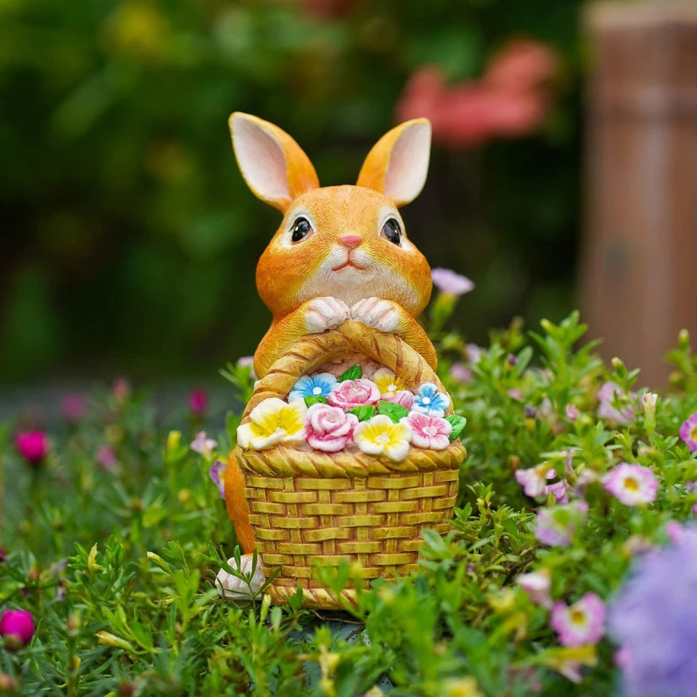 Solar Garden Statues Rabbit & Flowers Decor Outdoor Indoor with LED Light Mothers Day Gardening Gifts Bunny Lawn Statue Ornament
