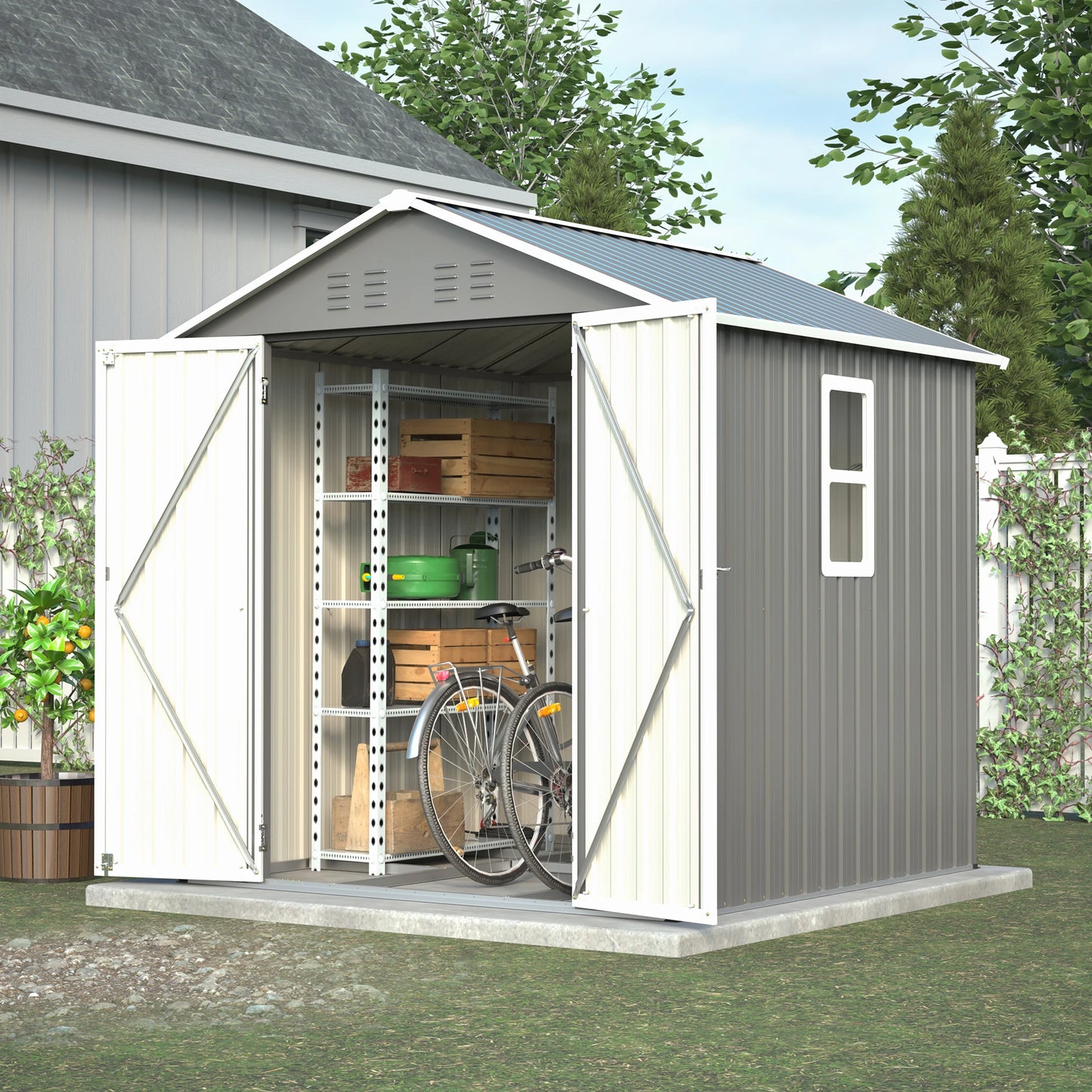 Metal Garden Shed with Dual-Pitched Roof, Window and Ventilation, Base Included, 184.8x182x191.1 cm, Grey
