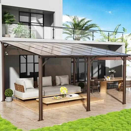 10x14 FT Outdoor Gazebo Aluminum Frame Wall Mounted Gazebos Heavy Duty Rainproof Wind Resistant UV Blocking Modern Design Patio