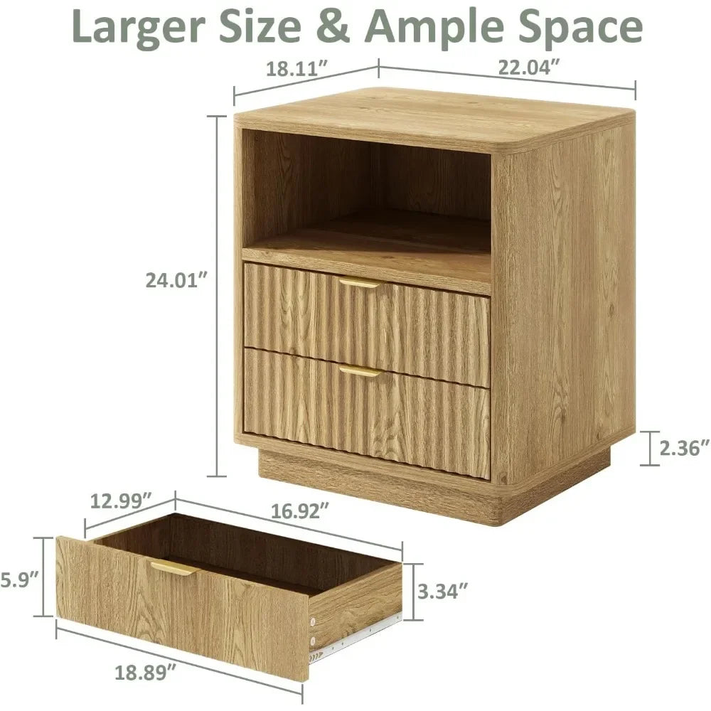 Fluted Nightstands Set of 2, Brown Night Stands with 2 Drawers and Open Shelves, Wooden Bedside Table Modern Design End Table