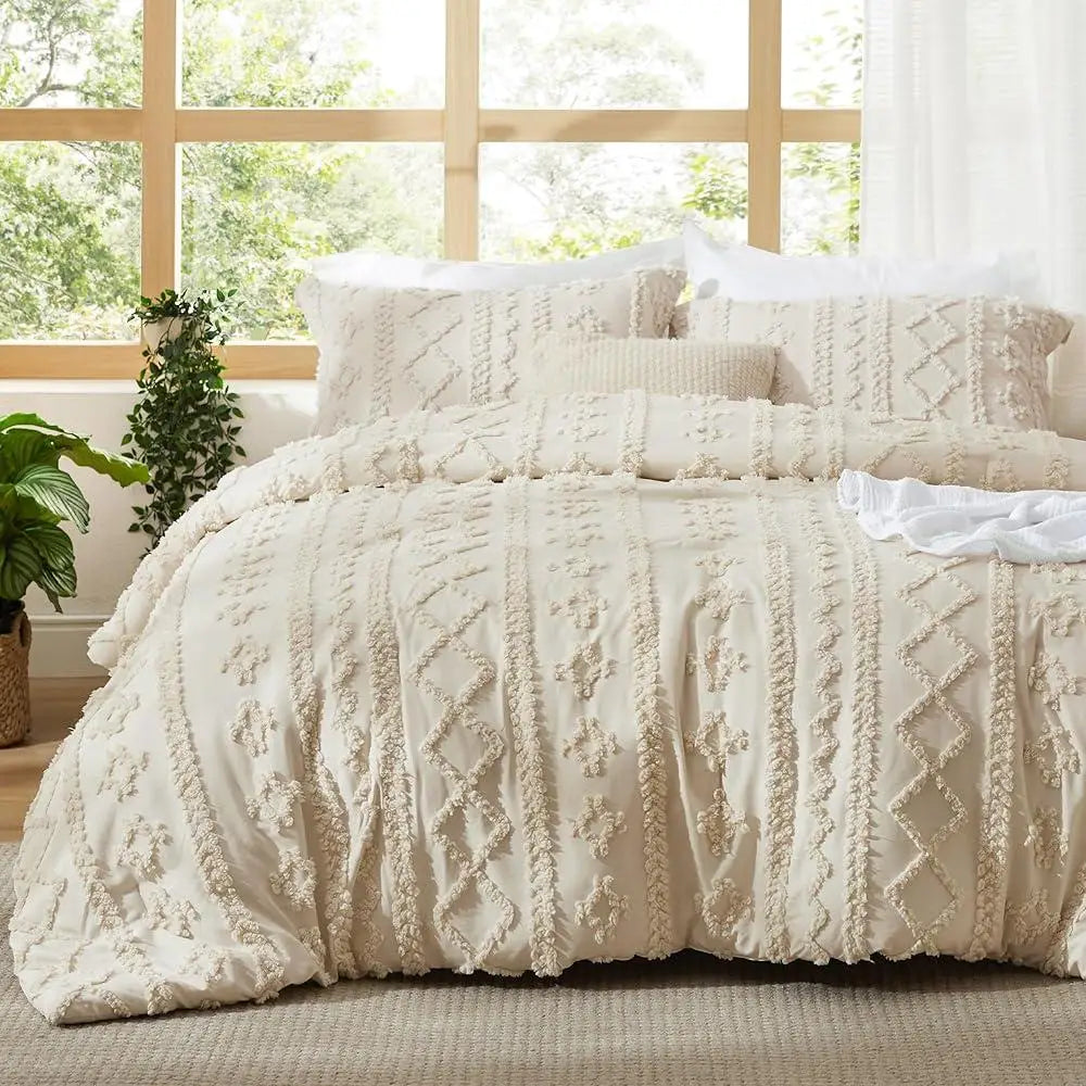 Tufted Boho Comforter Set Queen 3 Pieces Soft Breathable Embroidered Bedding Farmhouse Shabby Chic Cozy Noise-Free Easy Care