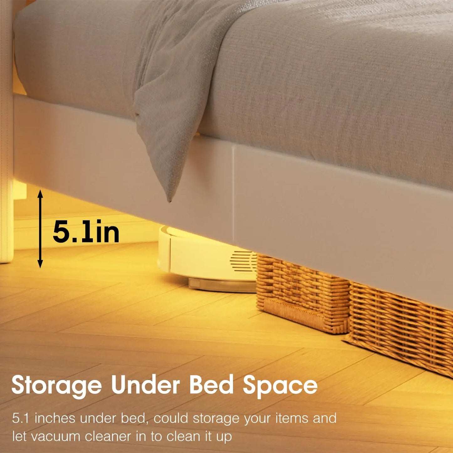 Vabches Floating Queen Bed Frame with LED Lights Upholstered PU Leather Platform Bed Frame with Power Outlet Storage Headboard
