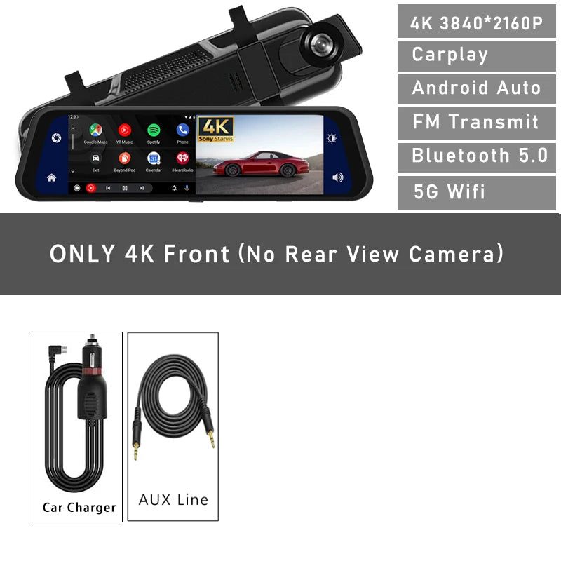 UHD 4K 3840*2160P Car Dvr Carplay Android Auto GPS 5G WIFI AUX Dash Ca
