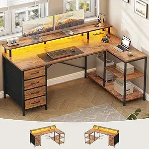 L Shaped Desk with 4 Drawers and Storage Shelves, L Shaped Gaming Desk