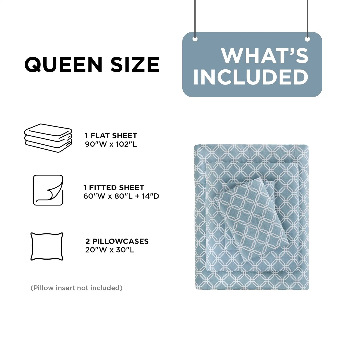 Queen Size Bed Sheets Set, 4-Piece Cozy Cotton Flannel Sheets Set Queen with Deep Pocket Fitted Sheet, Blue Geo