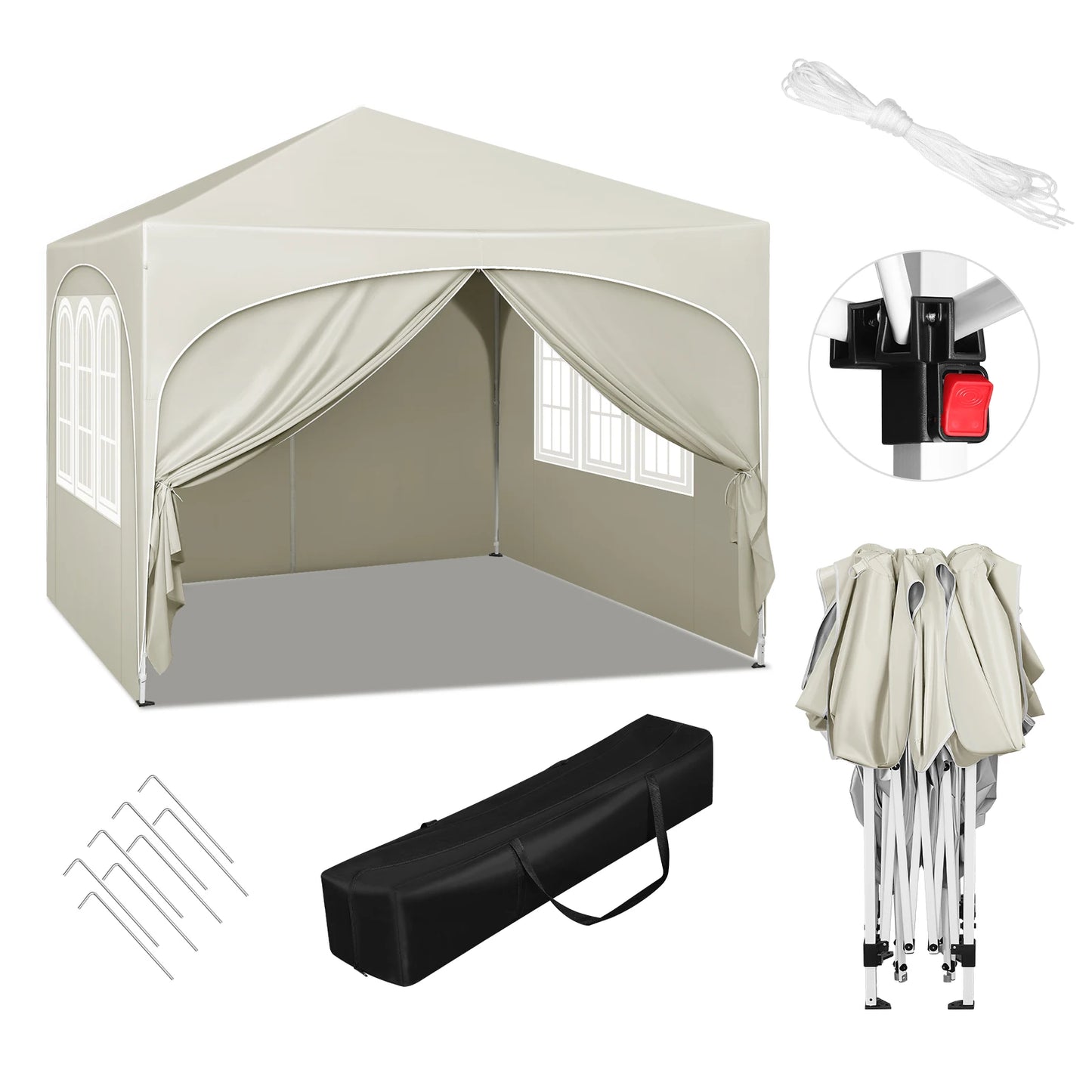 3x3m Folding Gazebo with 4 Side Walls Height-Adjustable Party Tent Water-Repellent UV Protection for Garden Camping Picnic