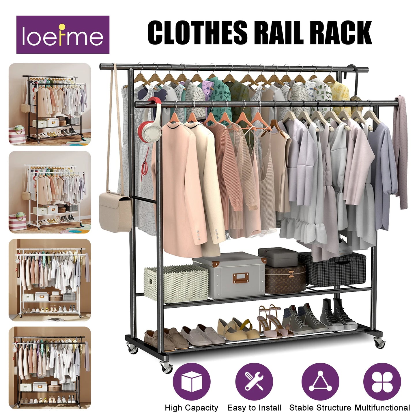 Loefme Wall Clothes Rack Double Rail Standing Clothes Rack Clothes Rail Shoe Rack Storage Shelf for Wardrobe Room Bedroom Living