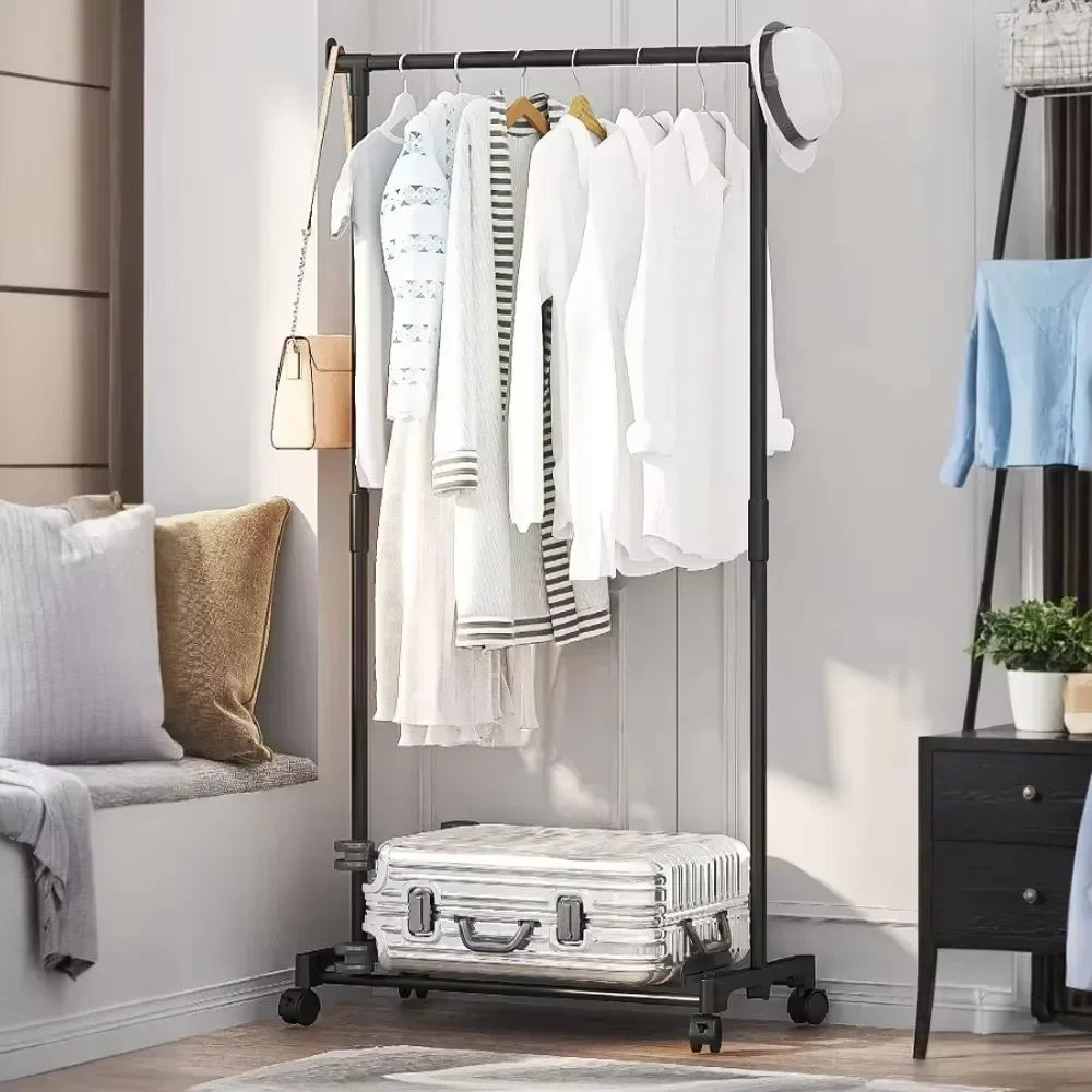 Movable Double Rod Clothes Rack Wheels Heavy Duty Coat Shelf with Bedroom Floor Hangers Organizer Home Shoe Hat Storage Racks