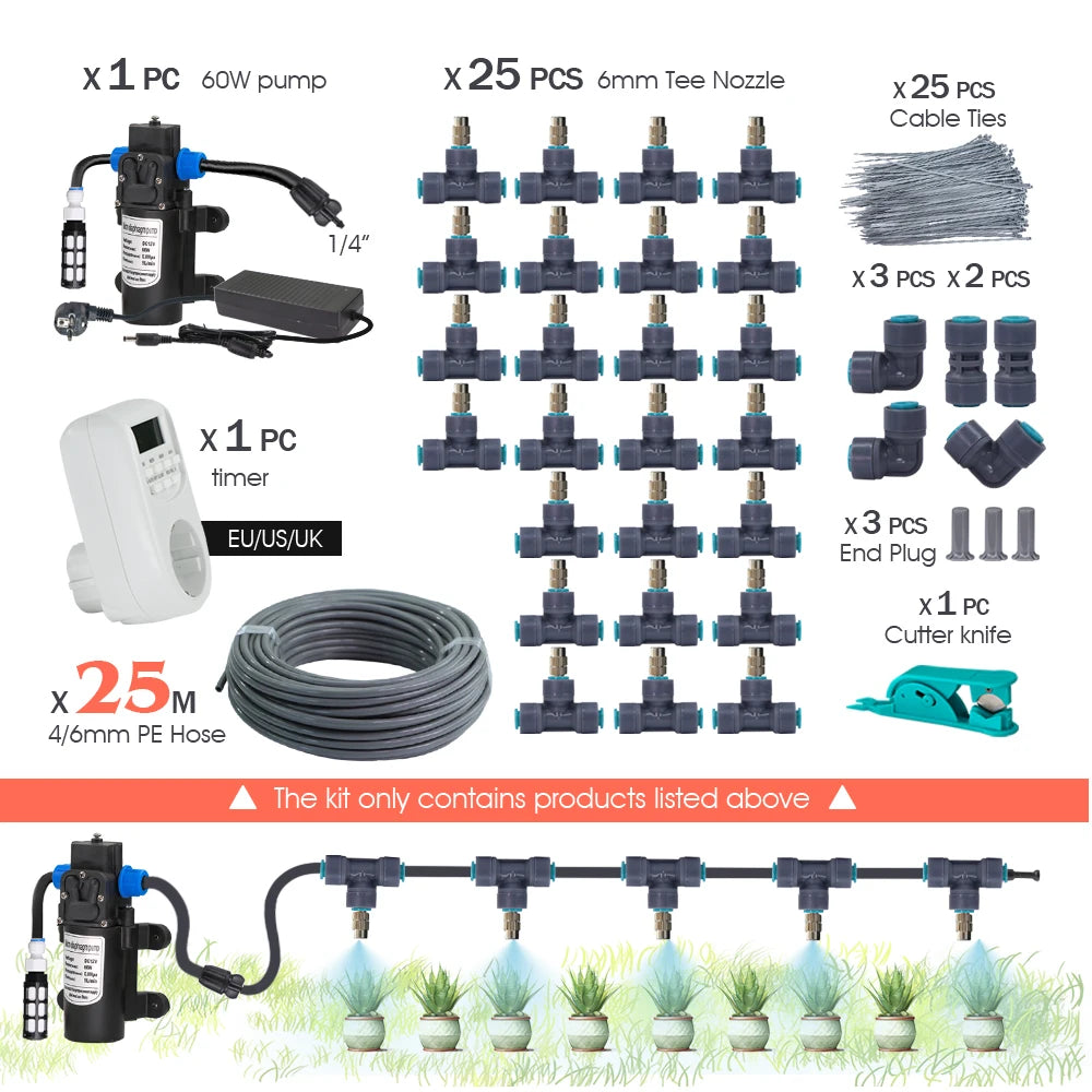 25-5M 60W Pump Adjustable Spray Nozzle Timer Watering Systems Quick Connection 1/4" Hose Misting Automatic Irrigation Kit Garden