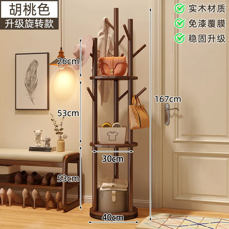 Rotating Wooden Coat Rack Durable Floor Standing Clothes Hanger Bedroom Clothes Rack Stand Space-Saving Storage Rack