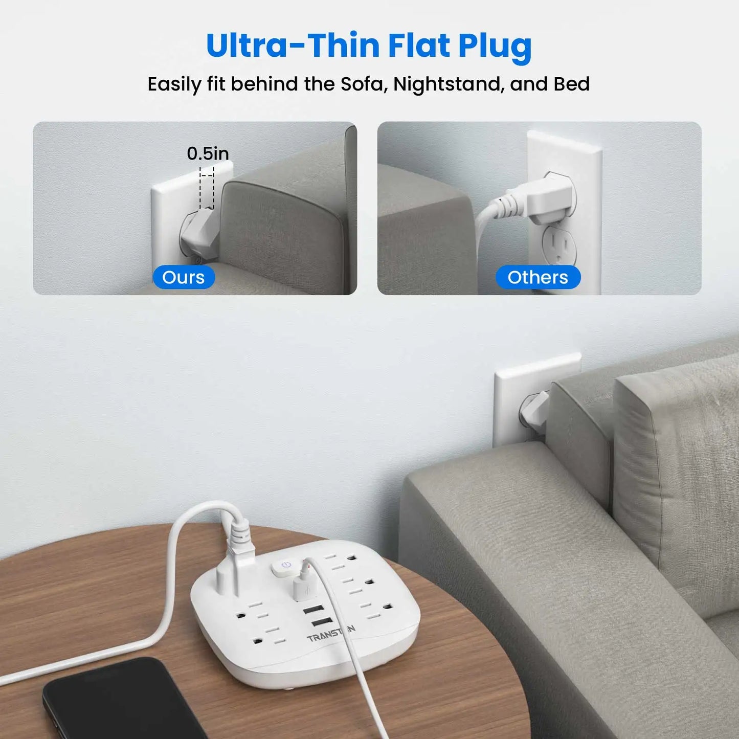 TRANSTON Power Outlet with Surge Protector, 6 power strip 3 USB Ports,