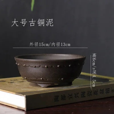 Ceramic Circle Drum-nail Pattern Bonsai Pot, Purple Sand,Traditional Chinese Dormitory Room Table, Garden Decoration, Home Table