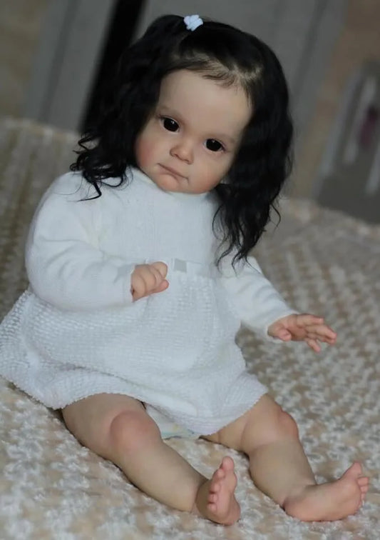 NPK 60CM Bebe Doll Reborn Toddler Maggi in Black Rooted Hair Soft Touch 3D Skin with Visible Veins High Quality Art Doll