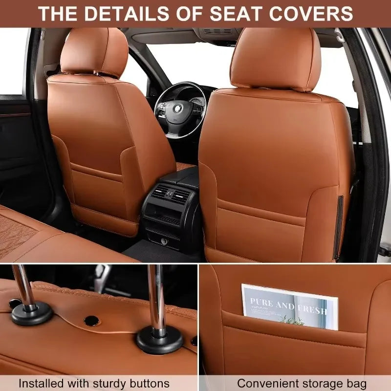 Complete Set Car Seat Covers - Breathable Leather Front & Rear + Headrests, Brown | AlluCanFind
