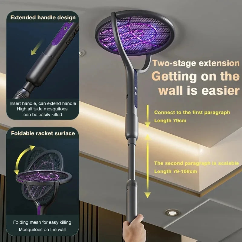 New 2-in-1 mosquito killer lamp multifunctional angle telescopic mosquito swatter USB rechargeable mosquito swatter bat swatter