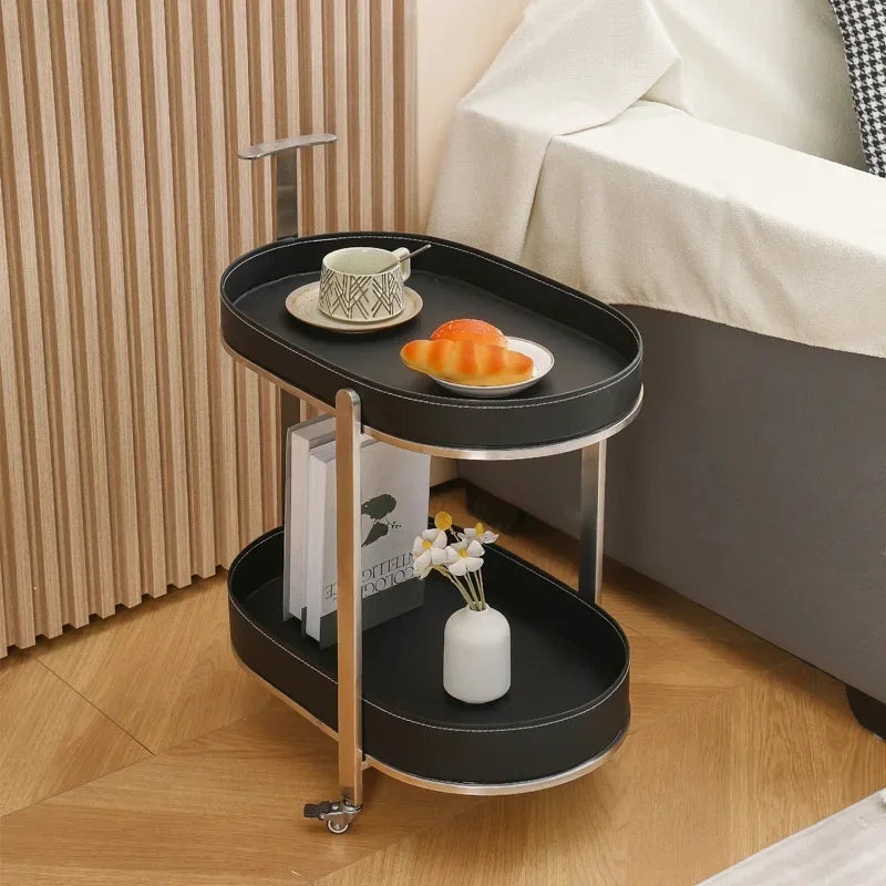 Creative Sofa Side Table with Storage, Internet Famous Coffee Table, Movable Leather and Stainless Steel Design, Modern