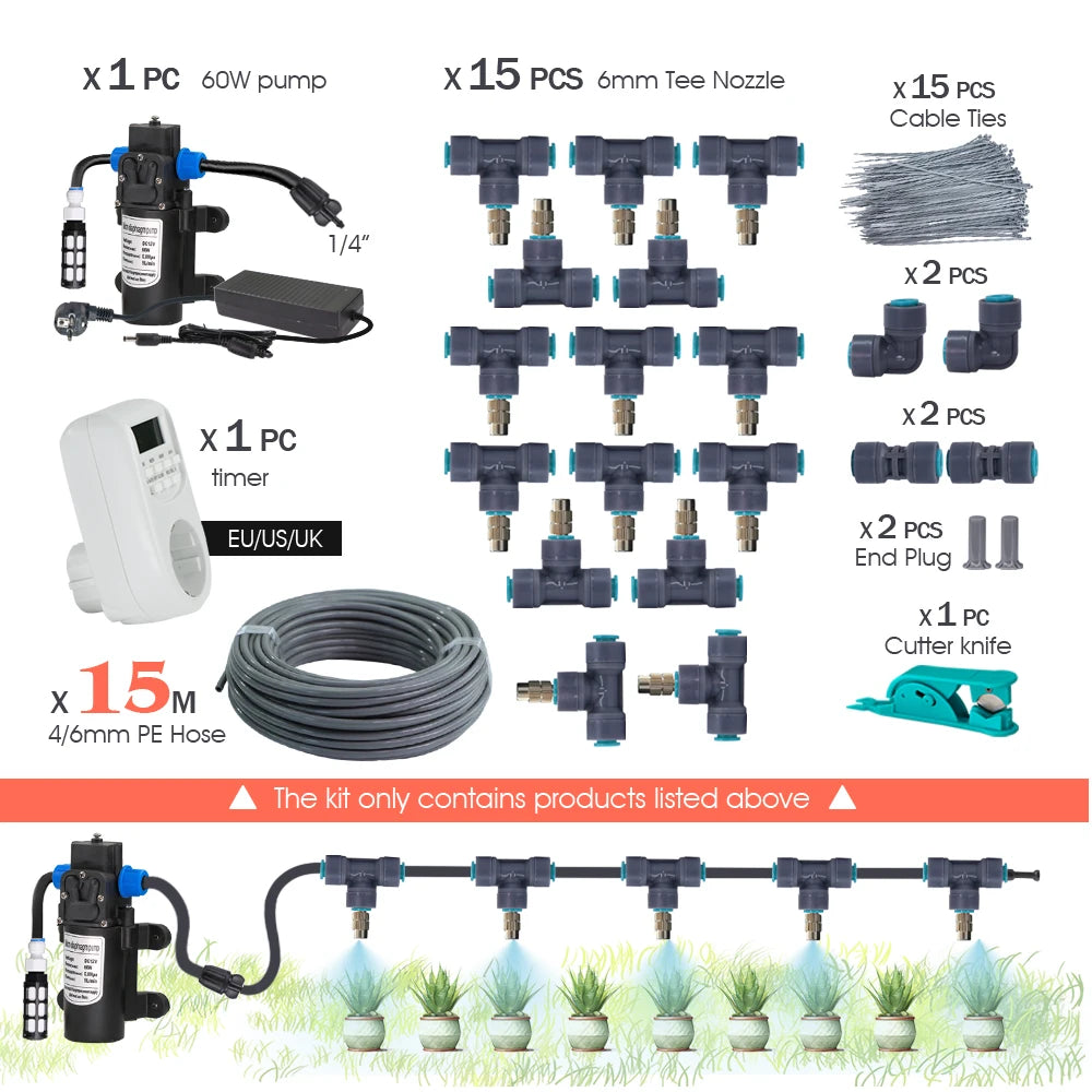 25-5M 60W Pump Adjustable Spray Nozzle Timer Watering Systems Quick Connection 1/4" Hose Misting Automatic Irrigation Kit Garden