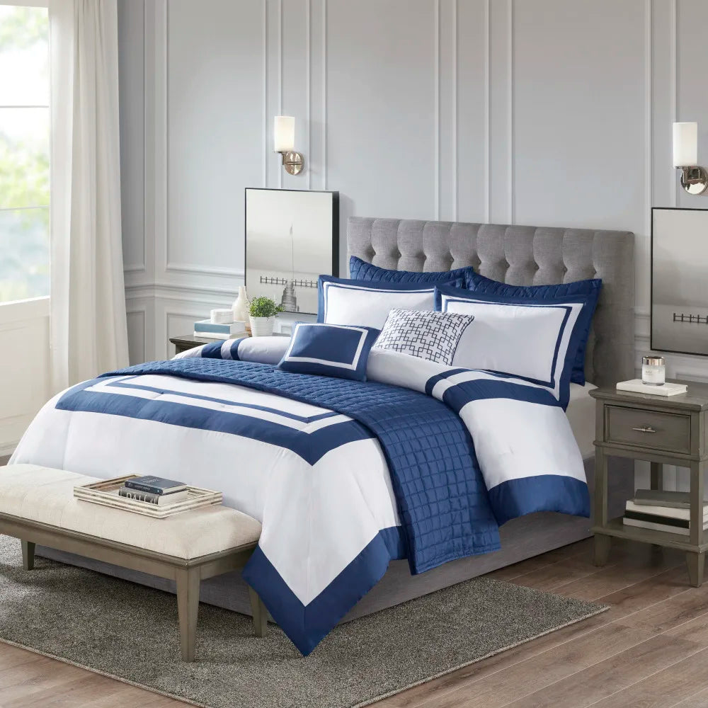 8 Piece Comforter and Quilt Set Collection Navy Full/Queen