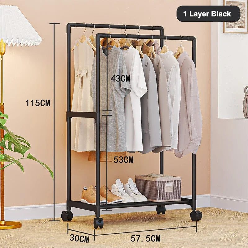 Movable Double Rod Clothes Rack Wheels Heavy Duty Coat Shelf with Bedroom Floor Hangers Organizer Home Shoe Hat Storage Racks
