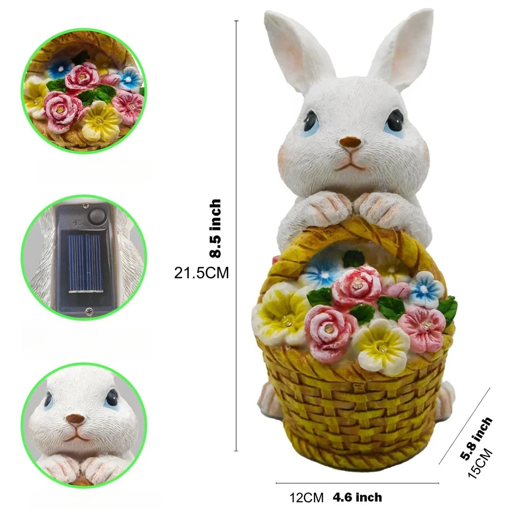 Solar Garden Statues Rabbit & Flowers Decor Outdoor Indoor with LED Light Mothers Day Gardening Gifts Bunny Lawn Statue Ornament