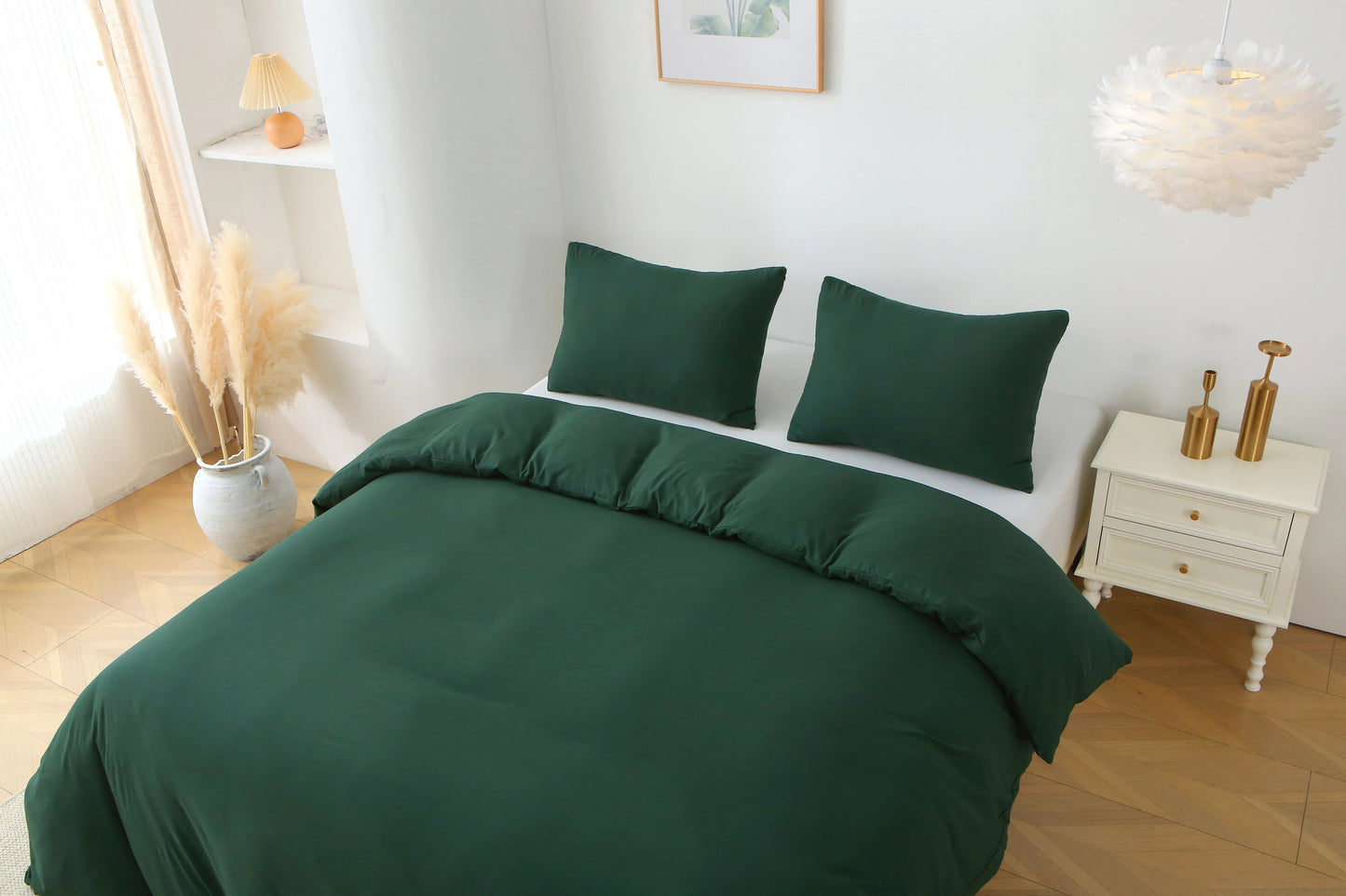 3 Pieces Solid Color Bedding Set with 1 Duvet Cover and 2 Pillow Shams, Comforter Not Included (King Size, Green)