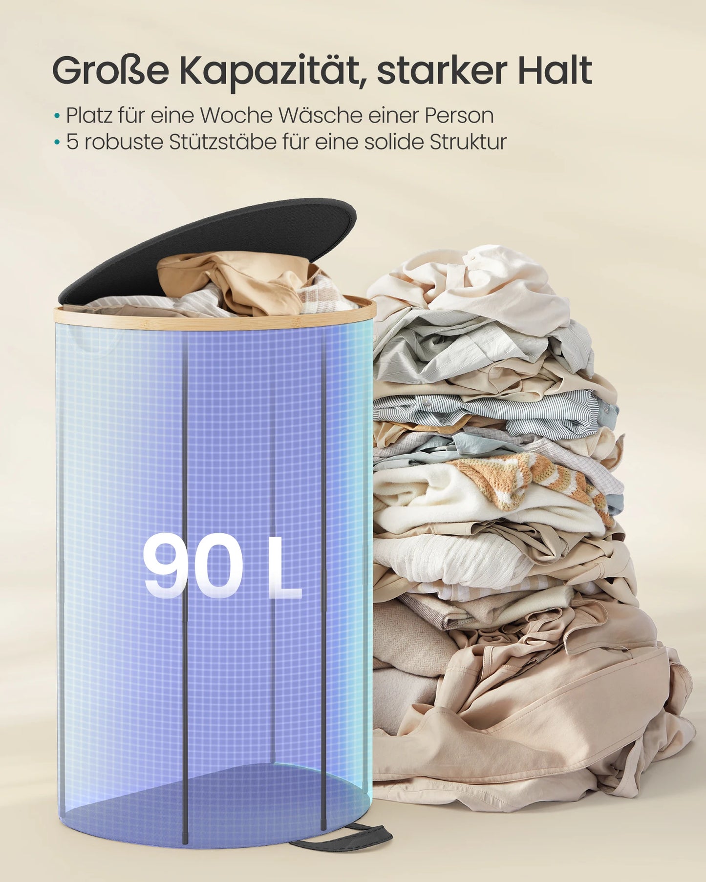 SONGMICS laundry basket Laundry Collector 90 Litre Laundry Ton with Lid Removable Laundry Bag Bedroom