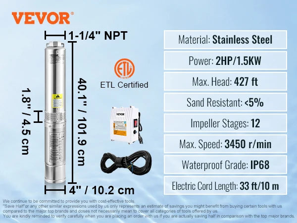 SucceBuy Deep Well Submersible Pump 0.5/1/1.5/2/3 HP 230V/60Hz Stainless Steel Water Pumps for Industrial, Irrigation & Home Use