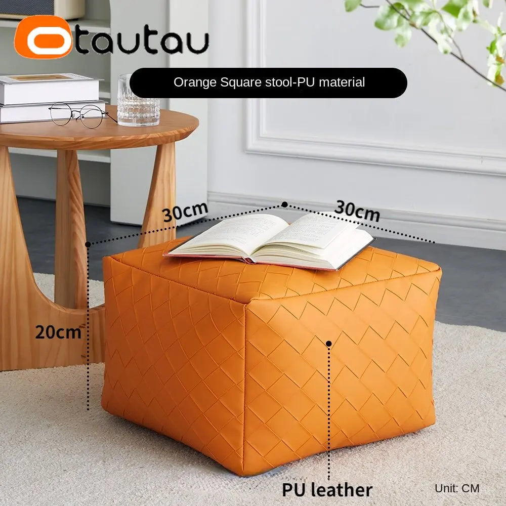OTAUTAU Faux Leather Square Plaid Pouf Ottoman Stool Door Side Footrest Footstool Floor Seat Beanbag Futon with Filler JD012