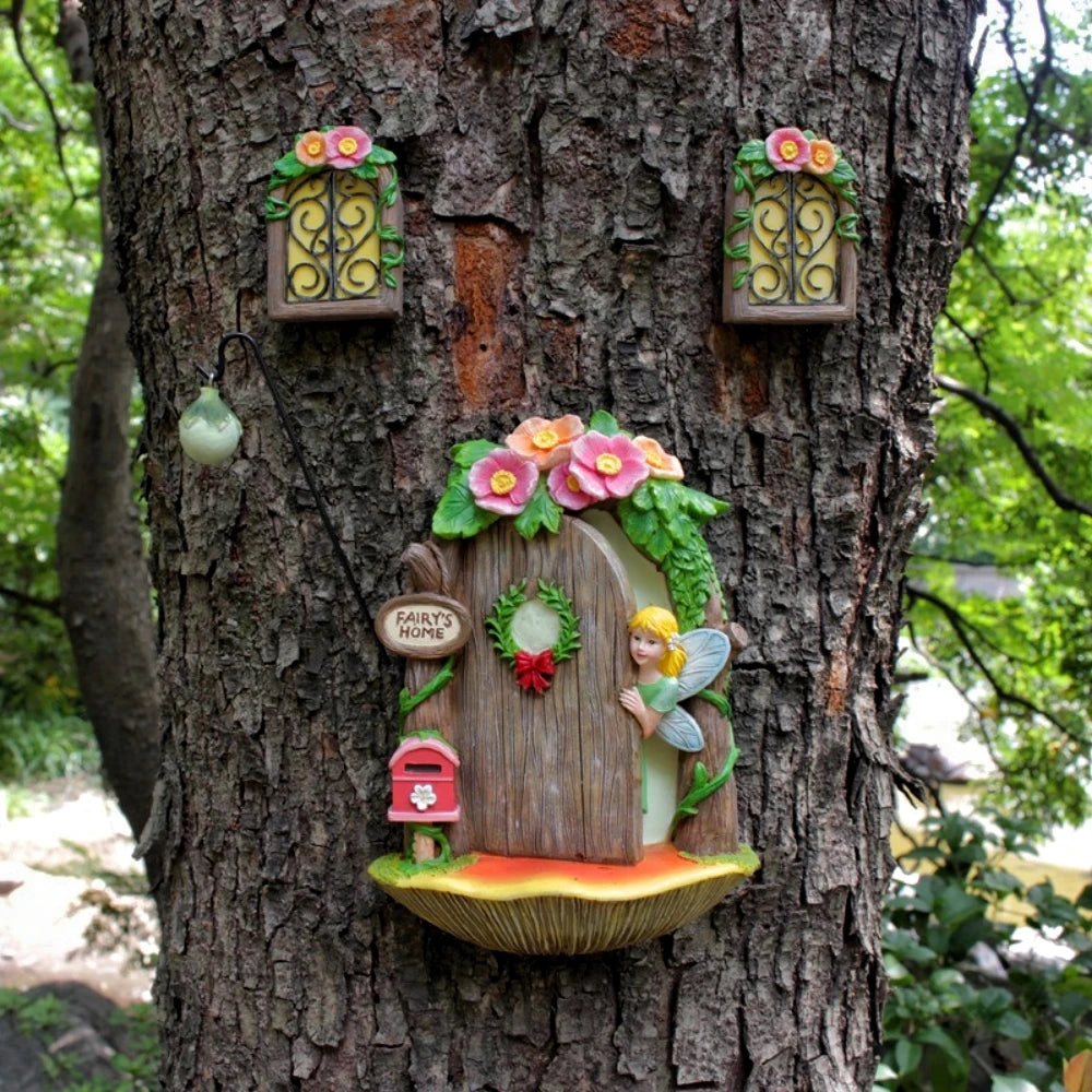 Fairy Mushroom Fairy Door and Windows for Trees Glow in The Dark Yard Garden Sculpture Lawn Ornament Outdoor Decor Accessories