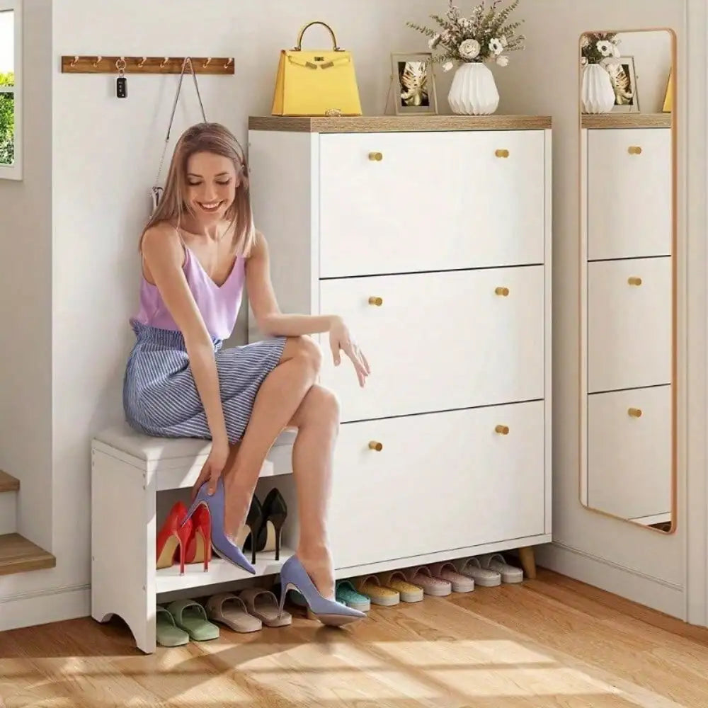 Shoe Cabinet with 3 Flip Drawers Adjustable Storage Organizer Freestanding Entryway Bench Indoor Hallway Bedroom Shoes Rack
