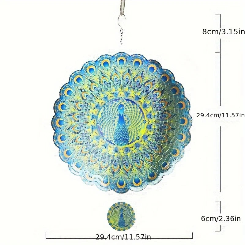 1pc 3D Peacock Wind Chime, Colorful Stainless Steel Wind Spinner, Outdoor Yard And Garden Decor, Metal Spinner With Hanging Hook