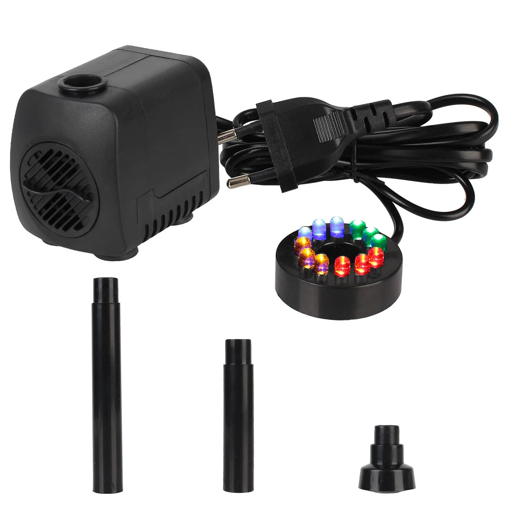 Garden Aquarium Fountain EU Plug with 12 LED Light Water Pump Waterproof Ultra-quiet with Power Cord 15 W